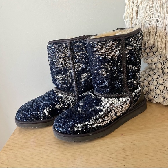 UGG Blue Sequin Fur Boots size 7 - Picture 1 of 8